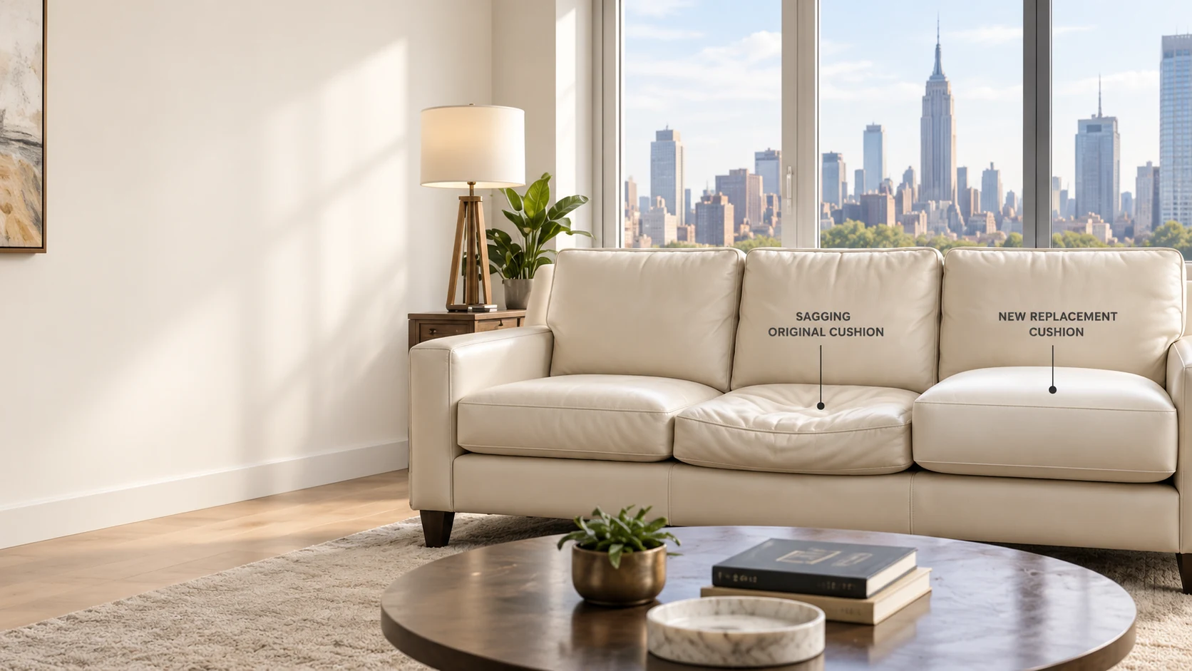 Cream leather couch by a New York window, one sagging original cushion beside a new replacement cushion