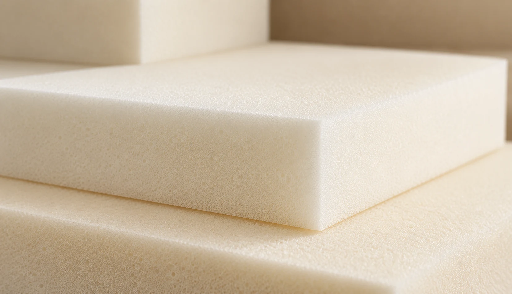 Stacked blocks of upholstery-grade foam waiting to be cut for couch cushions