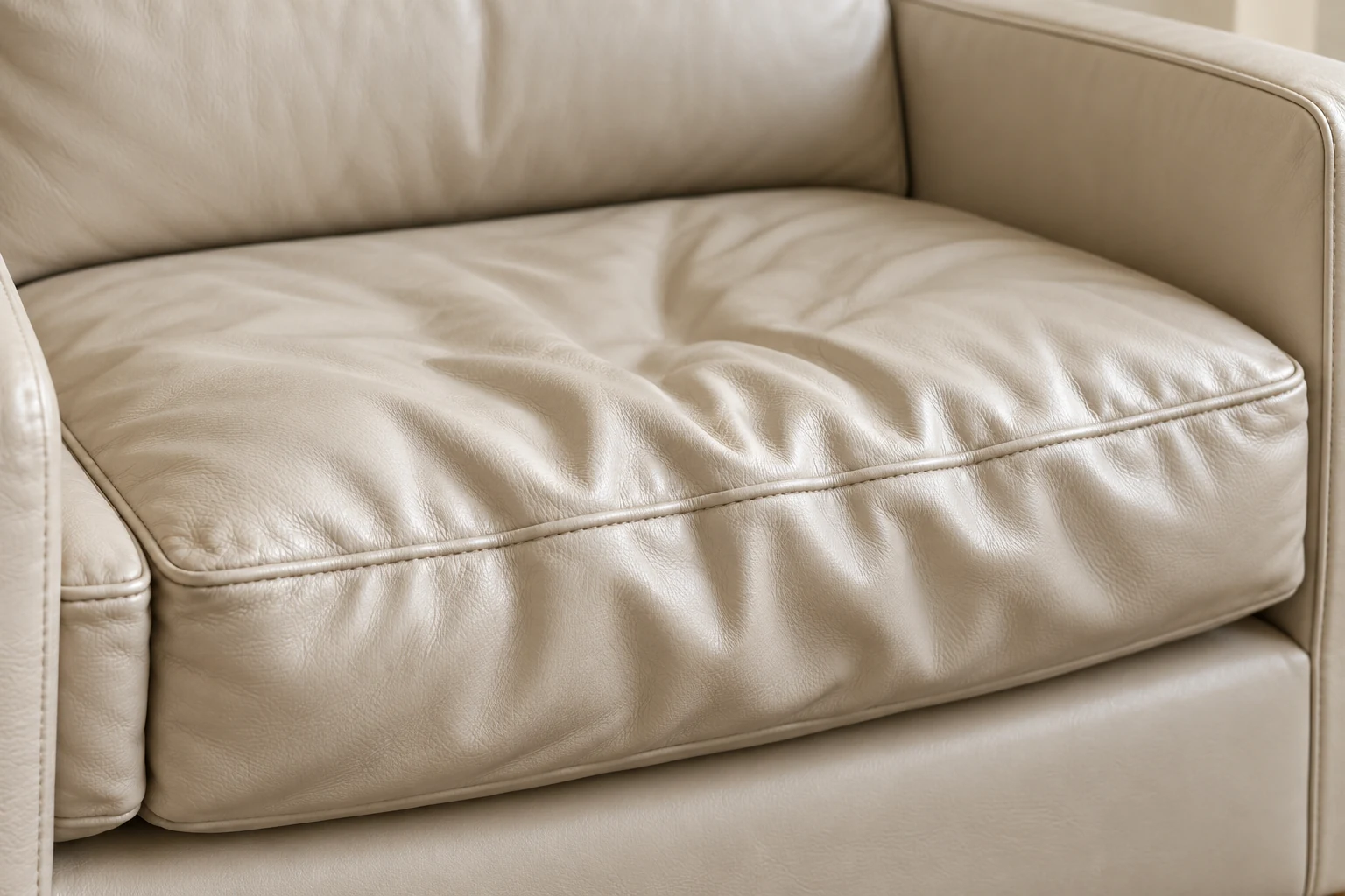 Cream leather couch cushion with a rippled, wrinkled cover