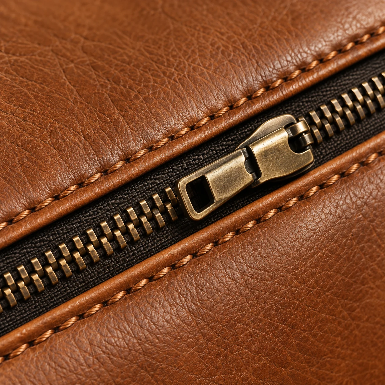 Open zipper on a brown leather couch cushion cover