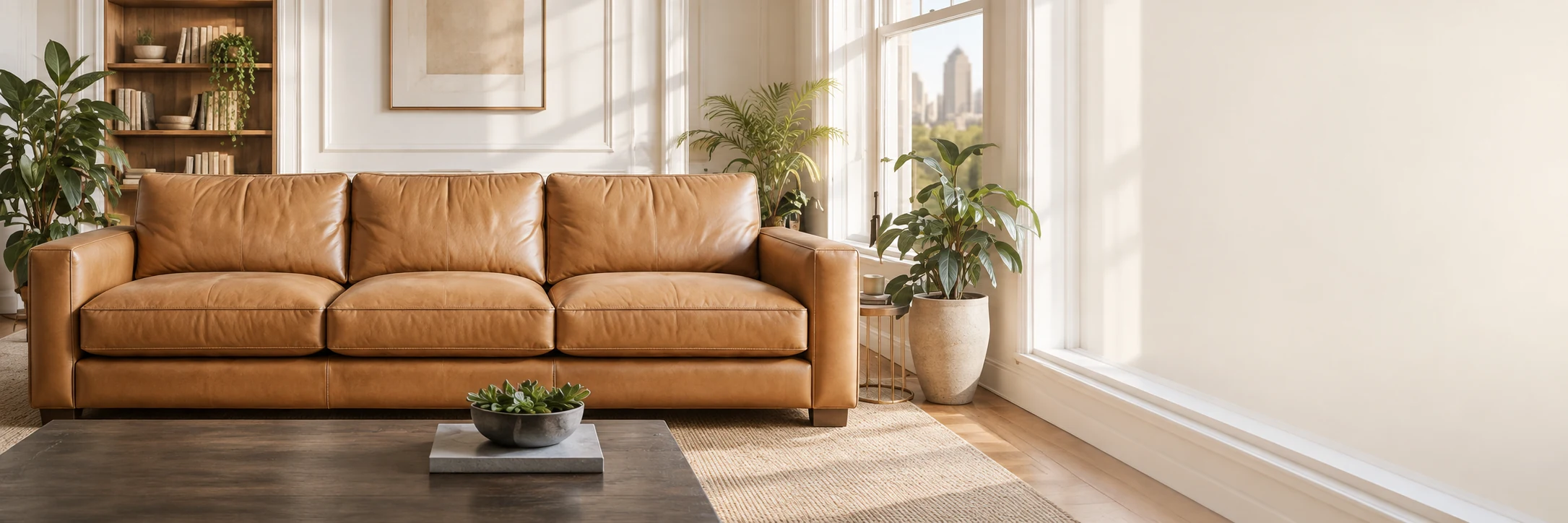 Tan leather couch with rebuilt cushions in a bright living room