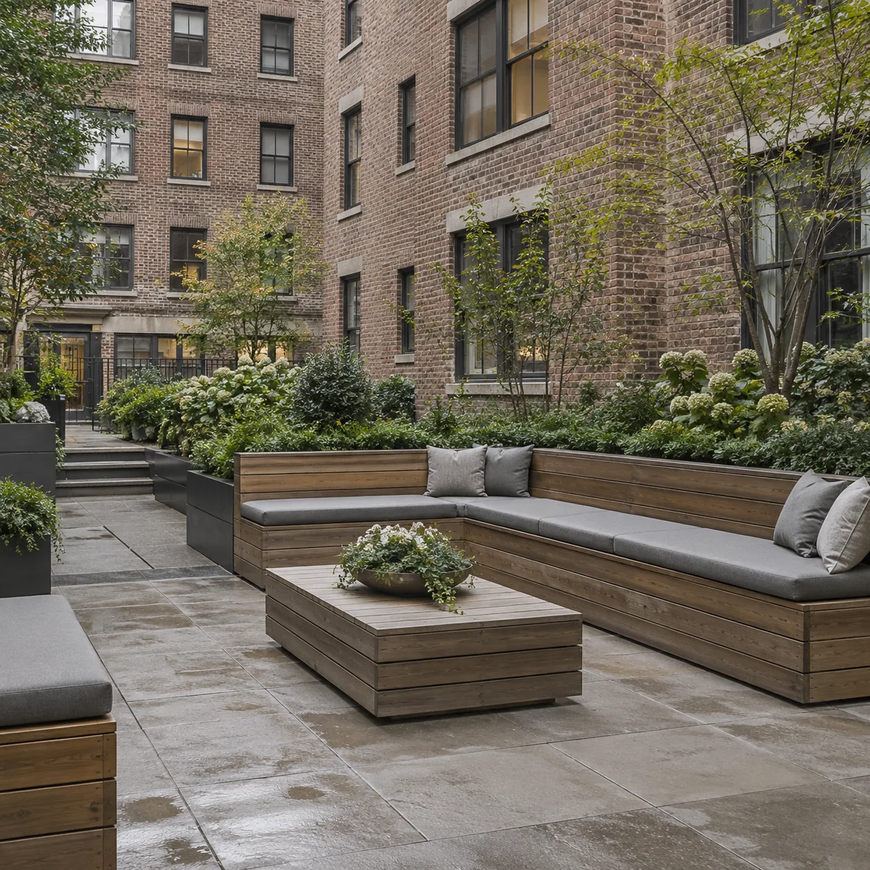 Wood benches with cushions in a building courtyard