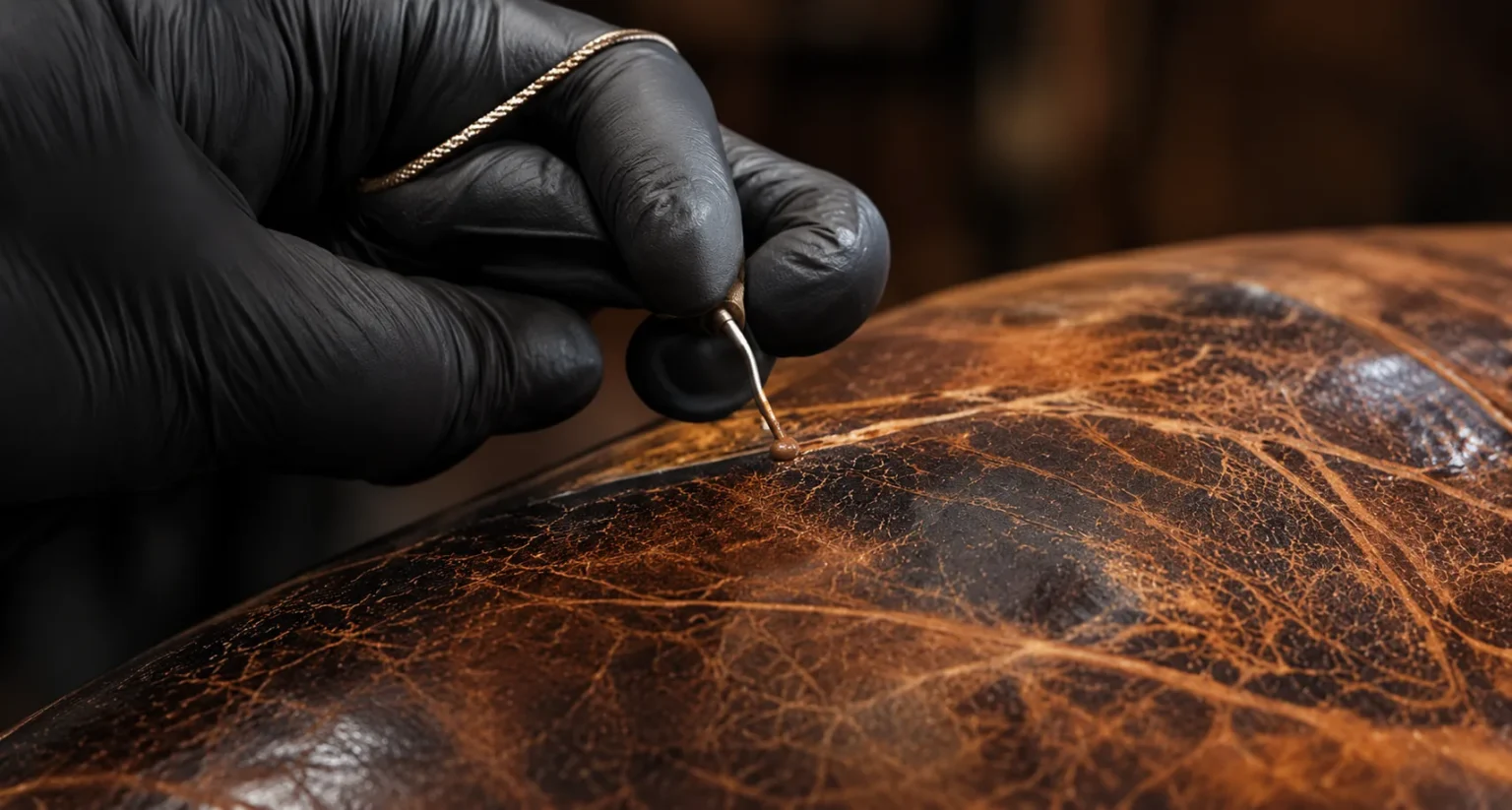 Gloved hand repairing a crack in antique leather