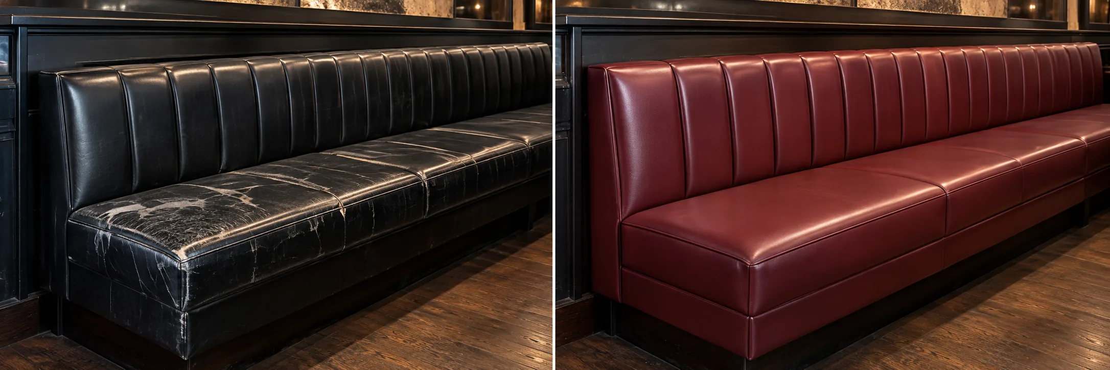 Before and after restaurant booth reupholstery NYC: a cracked black banquette run recovered in red leather