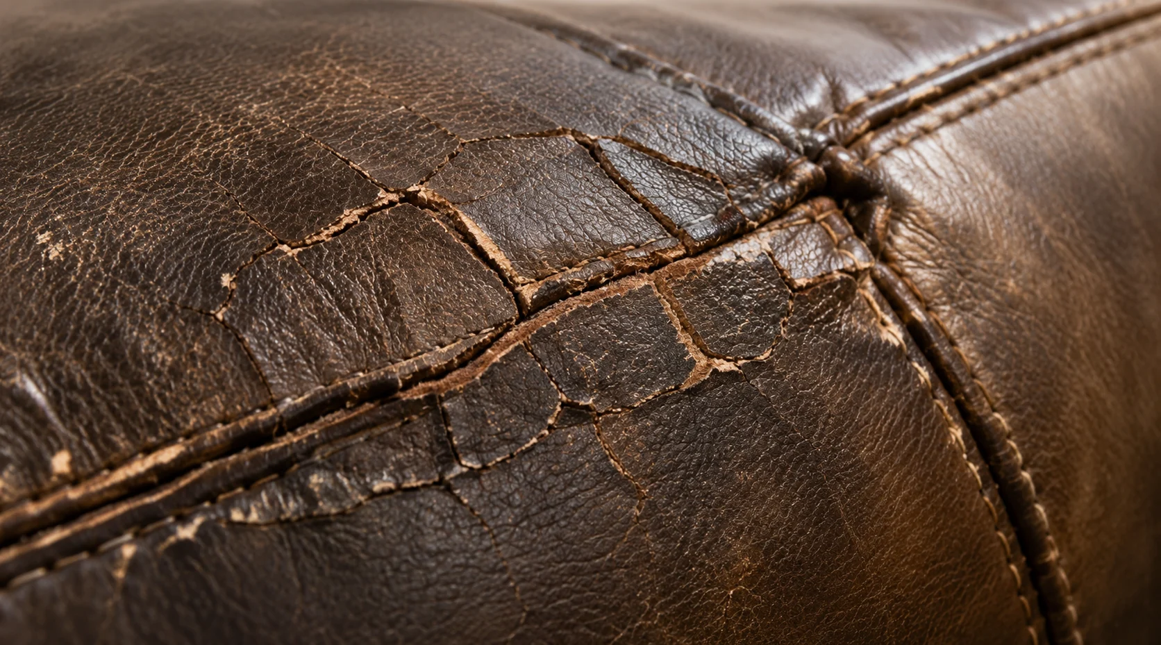 Deep cracks radiating along a seam on dark brown bed leather with a pale layer showing in the splits
