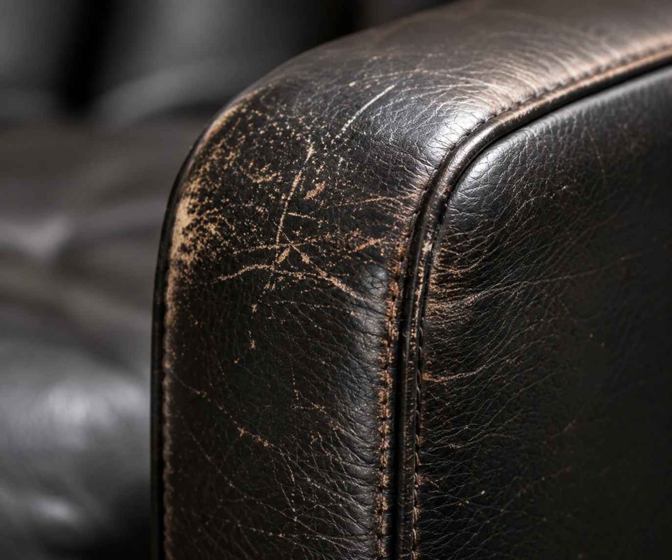 Close-up of a cracked dark brown leather chair edge with the finish broken into a fine network of lines