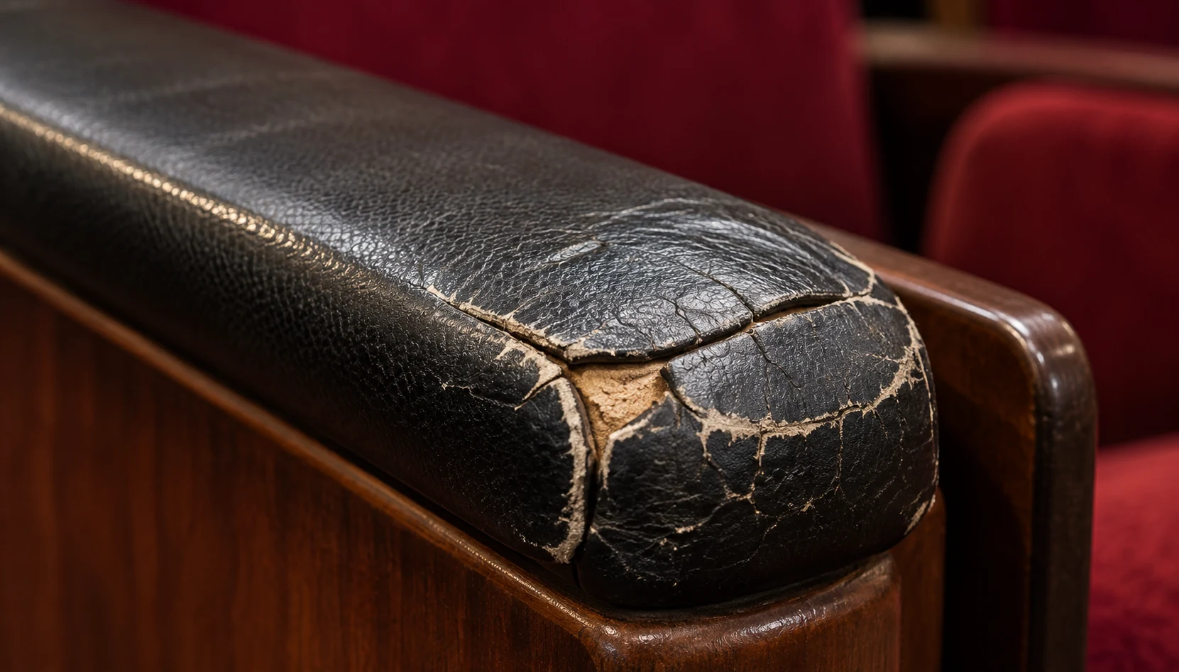 Cracked black arm cap on a theater seat