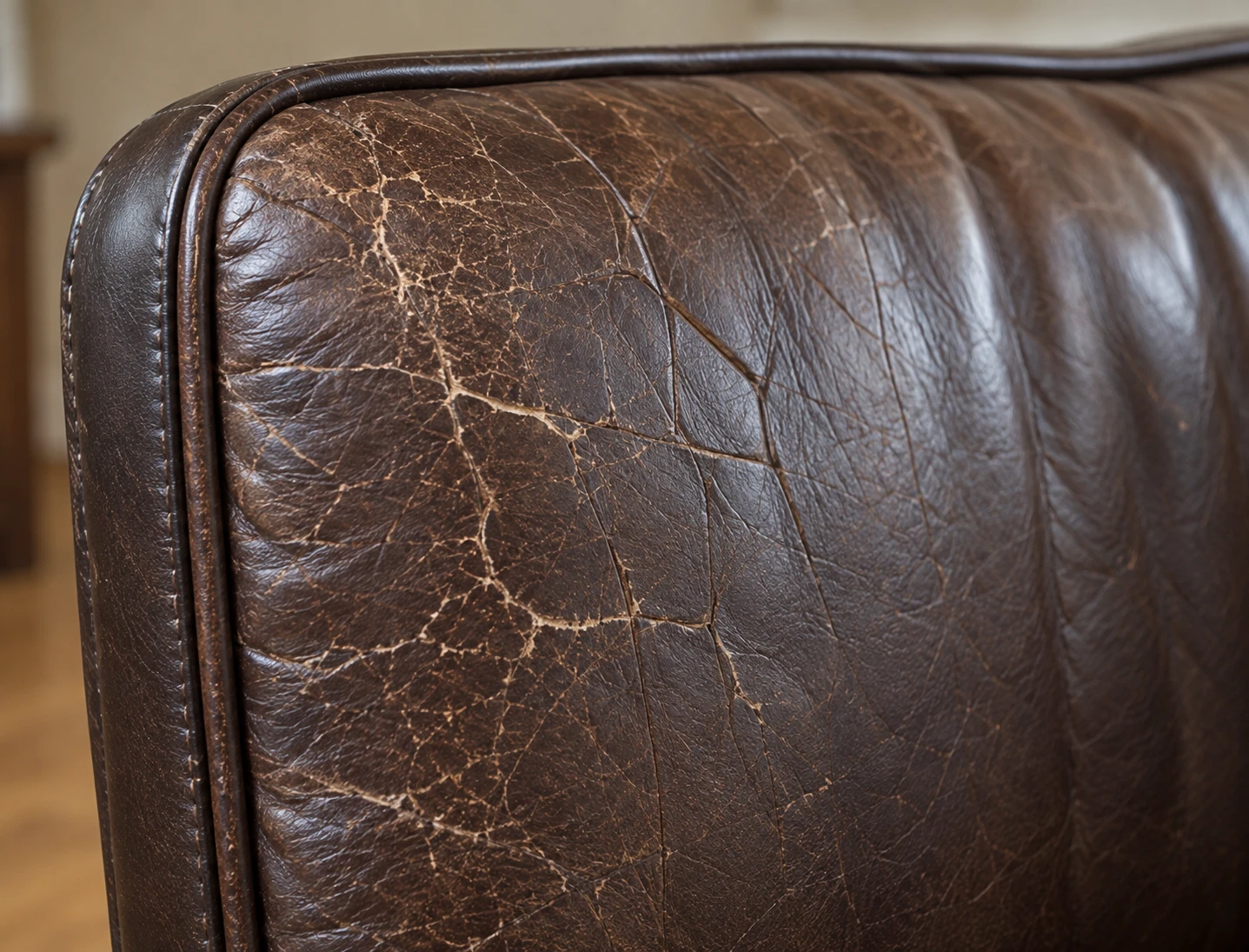 A padded dining chair back in dark brown leather, the surface split into fine cracks beside the piped edge