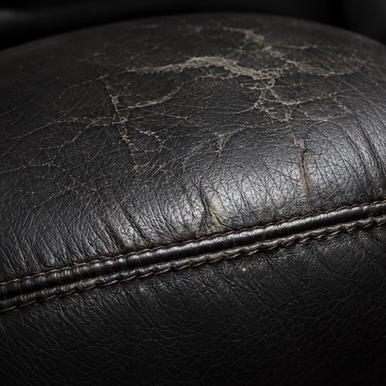 Home theater seat back cracked in a network beside the stitched seam