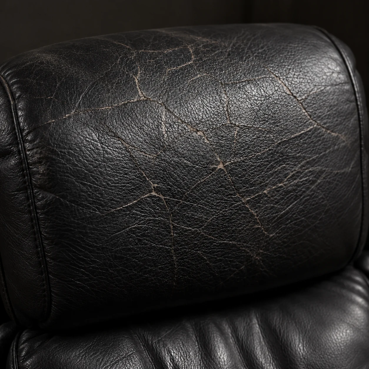 Home theater seat cushion broken into a dense network of open cracks