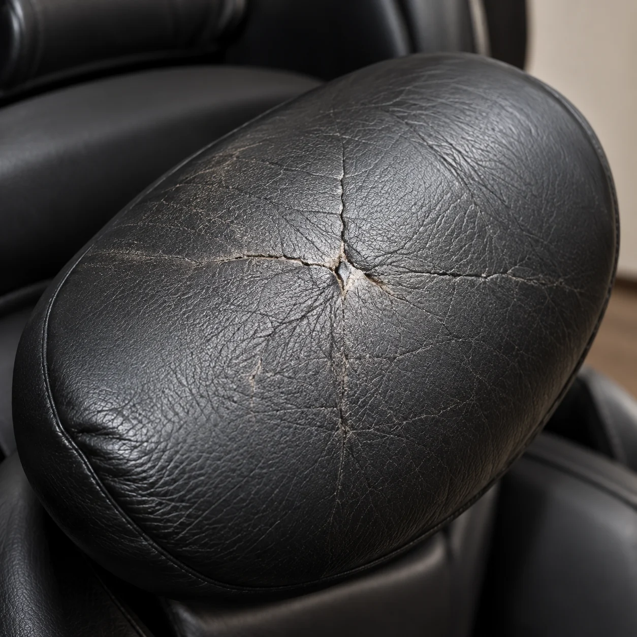 Cracks radiating from a pressure point on the black leather shoulder bolster of a massage chair
