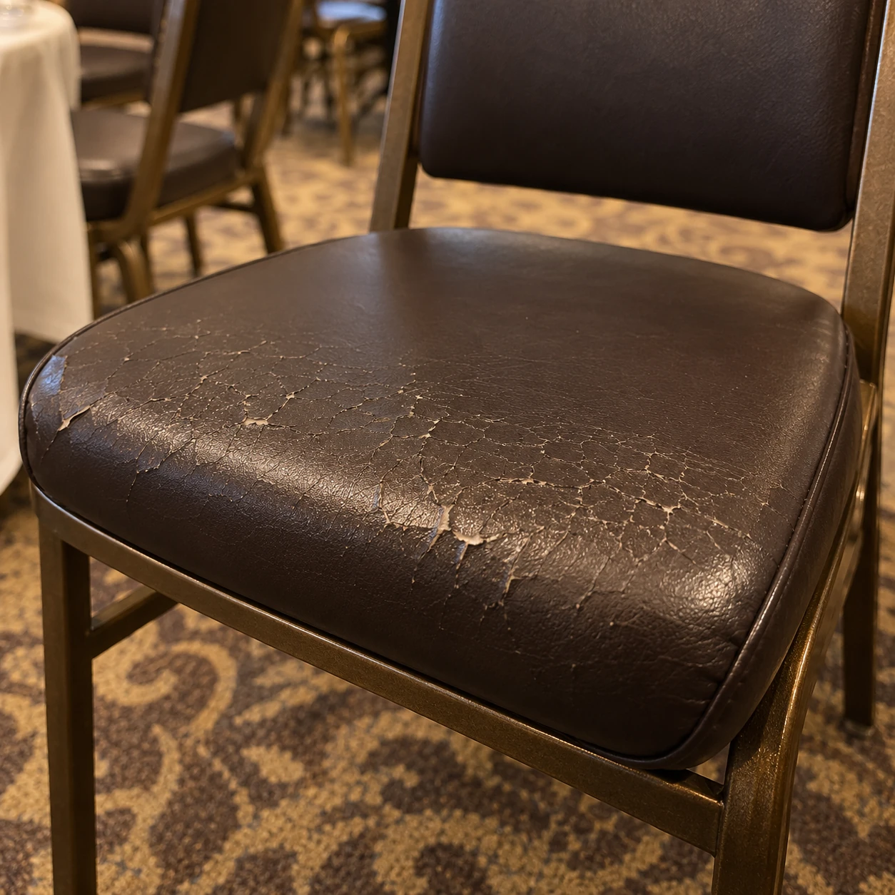 A cracked vinyl seat in a venue
