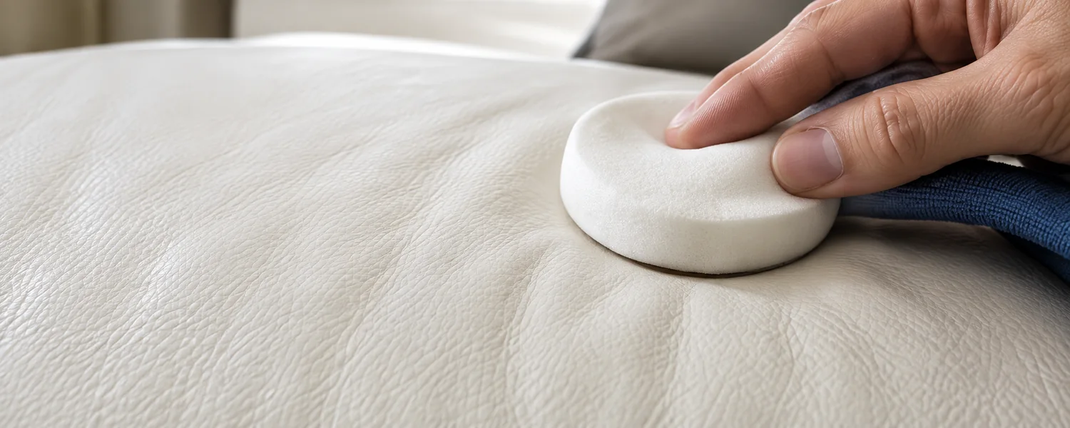 A sponge applicator laying colour across a pale leather cushion