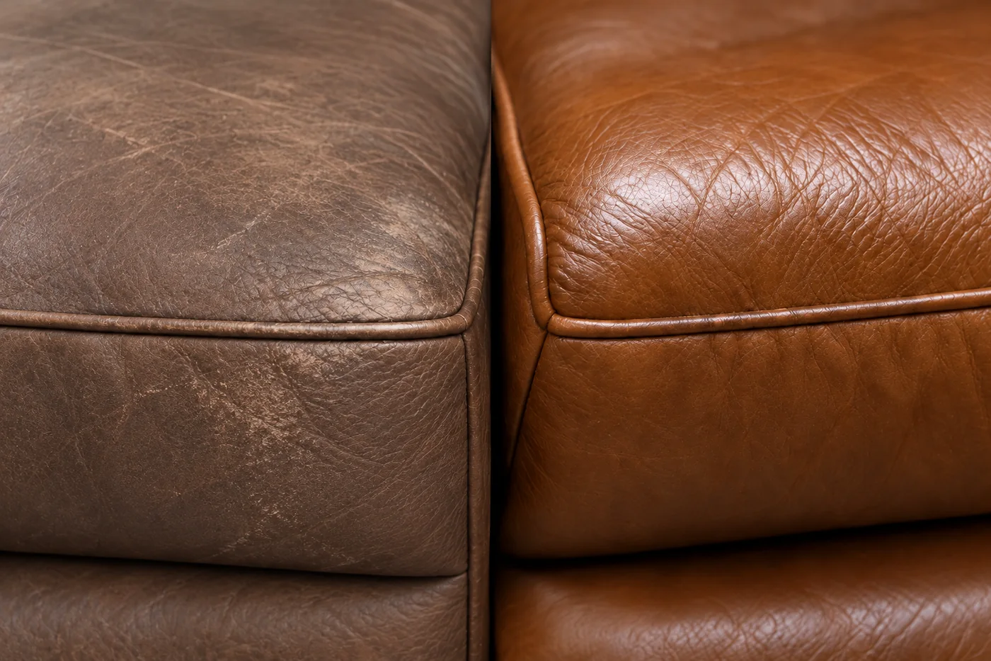 Crate & Barrel leather repair before and after — a faded brown sofa cushion beside the same cushion with its cognac colour rebuilt