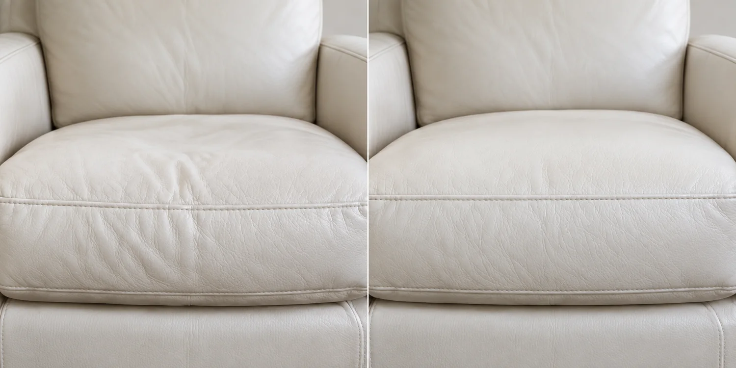 Before and after — a collapsed leather seat cushion beside the same cushion with its shape rebuilt