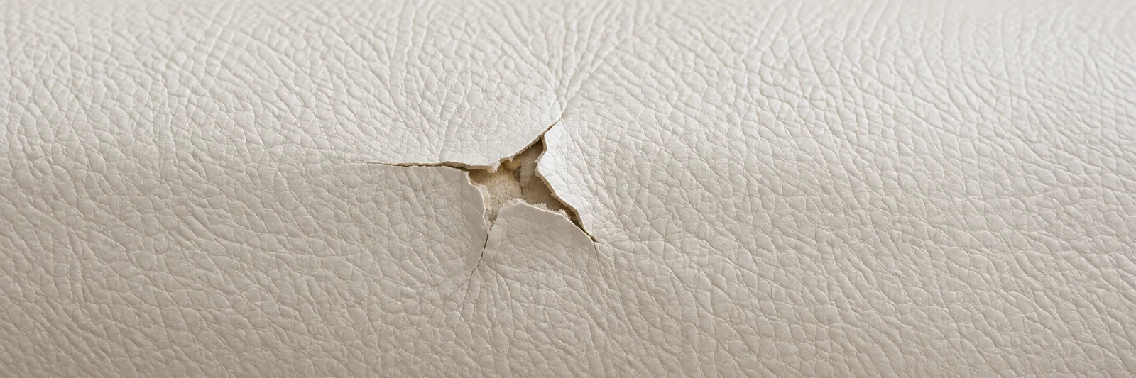 A small tear opening in the face of a leather cushion