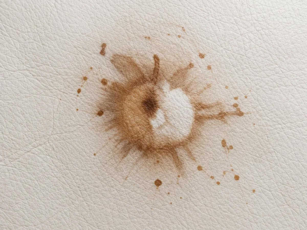A brown stain soaked into pale leather with splatter around it