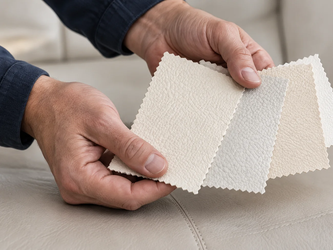 Hands fanning leather swatches against a pale sofa to read the undertone
