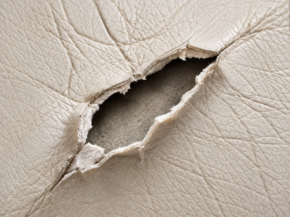 An open tear in a cream leather panel with the backing showing