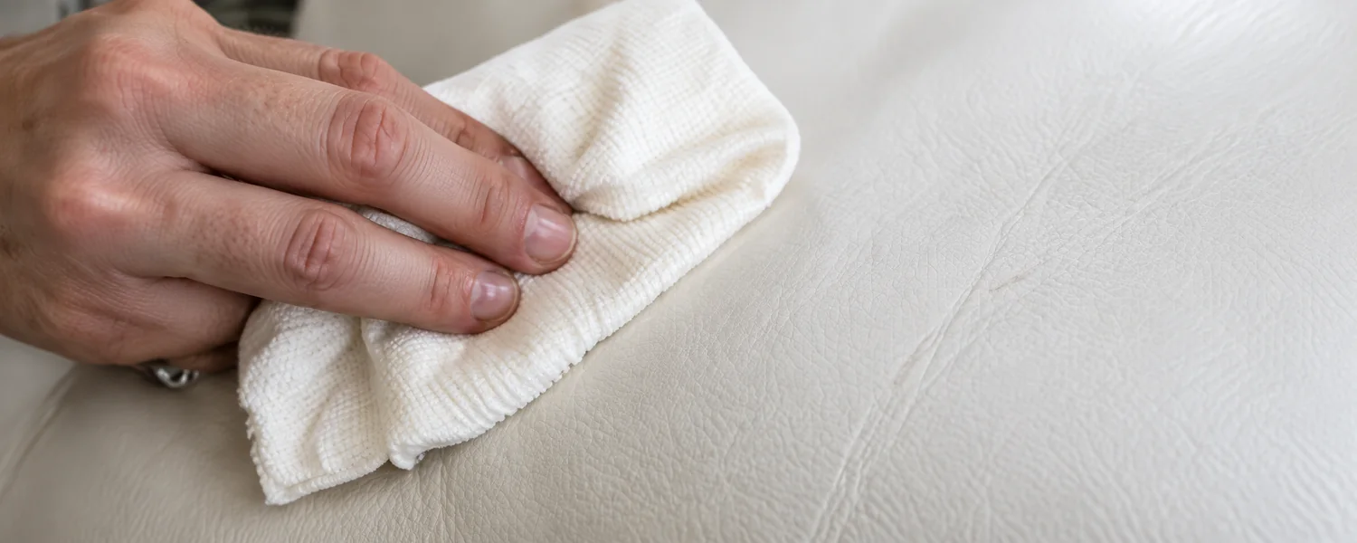 A microfibre cloth working a targeted repair into a small area of pale leather