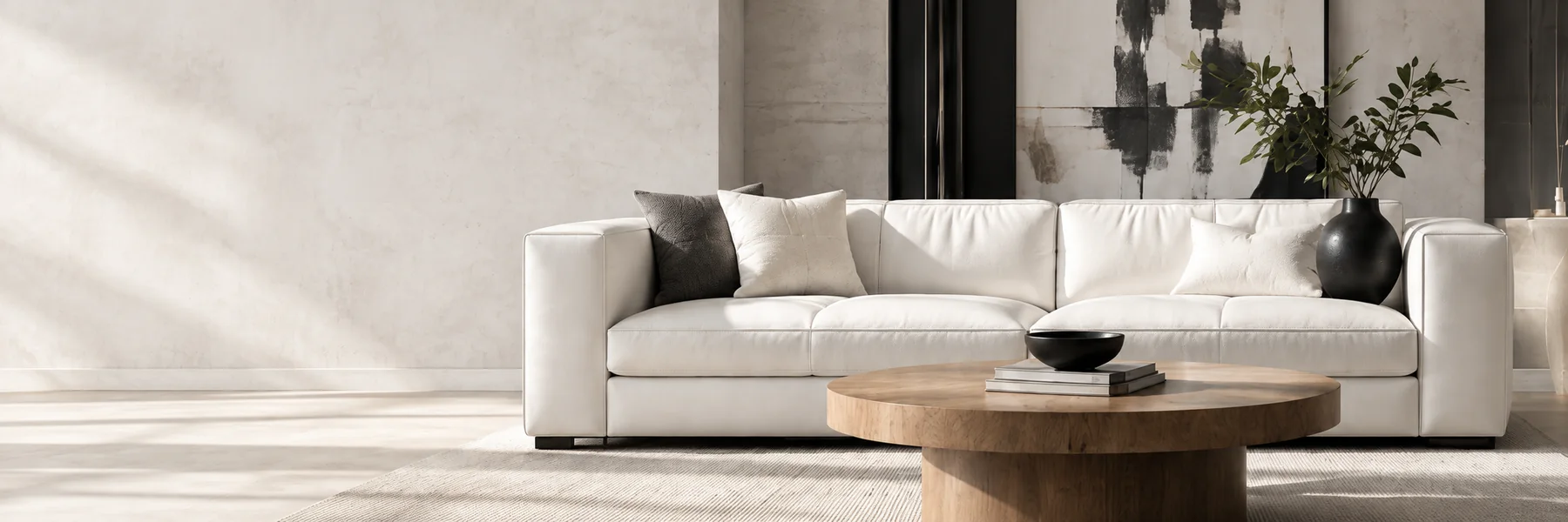 A cream leather sofa on a low modern frame in a bright living room