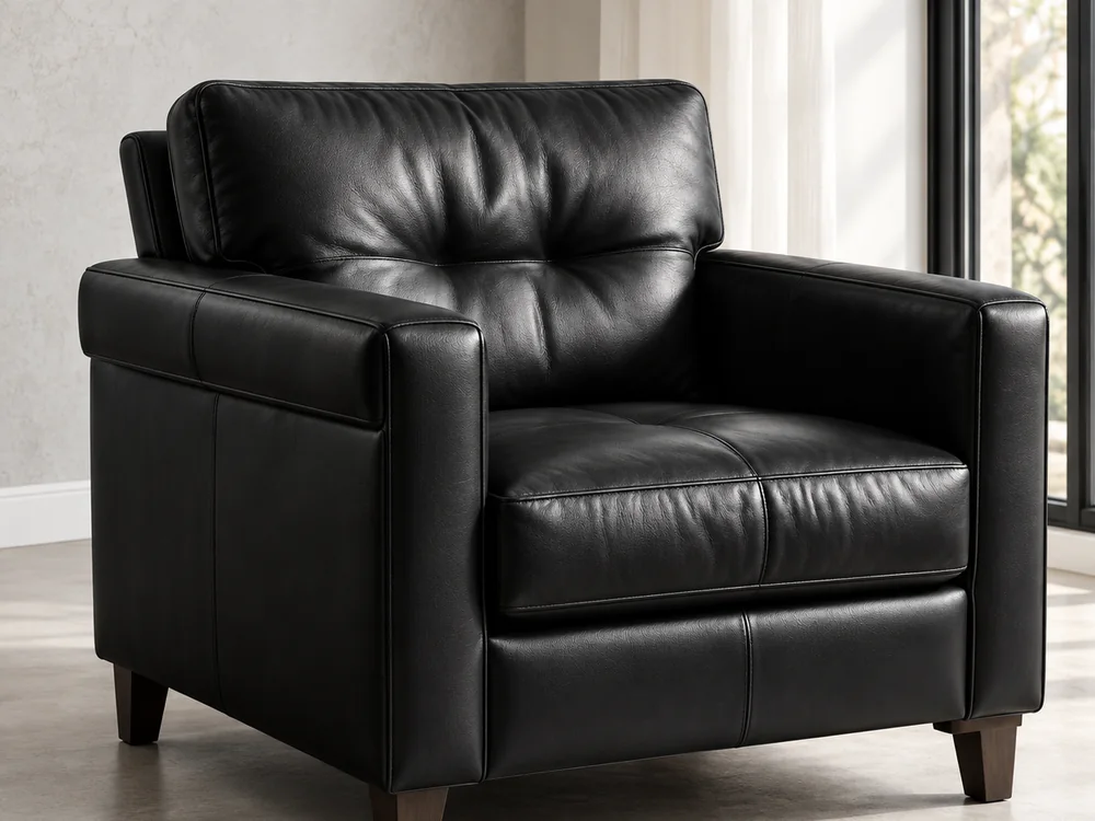 A black leather armchair against a window