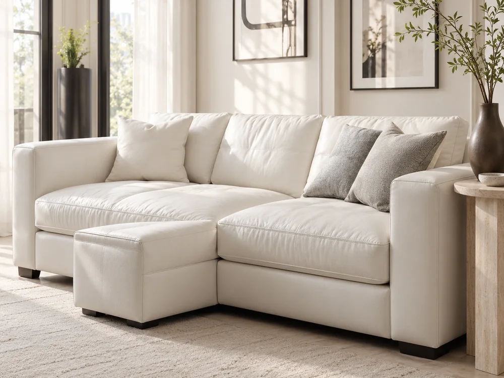A cream leather sectional with a chaise in a sunlit living room