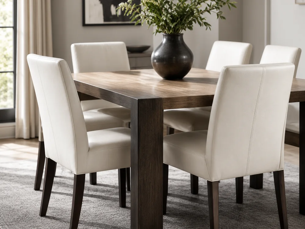 Cream leather dining chairs around a timber table