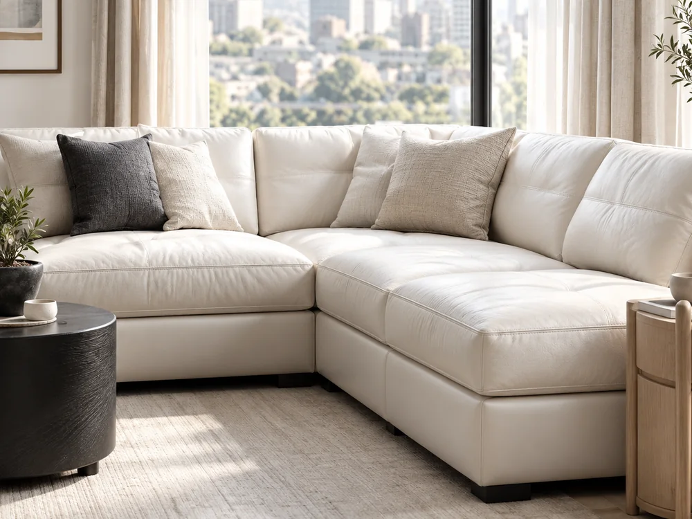 A white leather sectional in a corner apartment with a city view