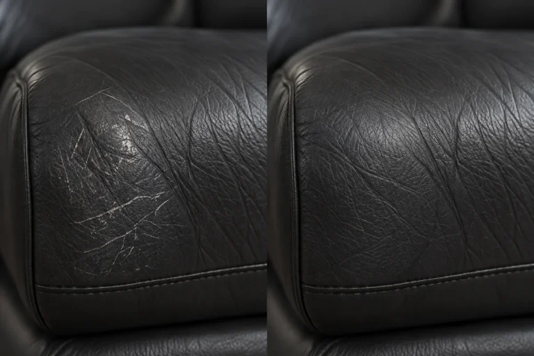 Black sofa seat before and after leather scratch repair