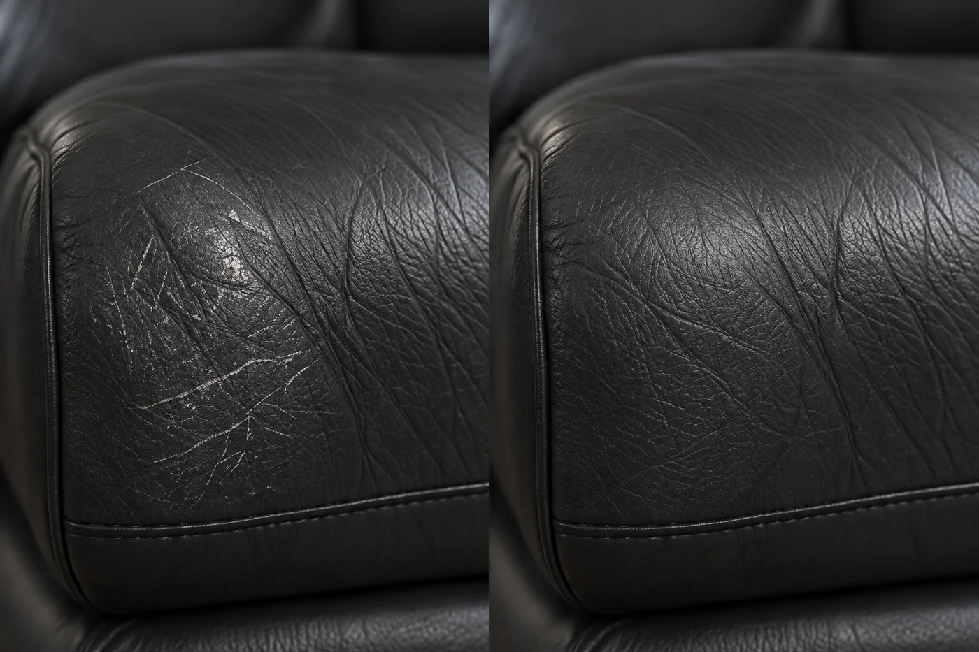 Crate & Barrel leather repair before and after — scratches across a black leather arm beside the same arm repaired