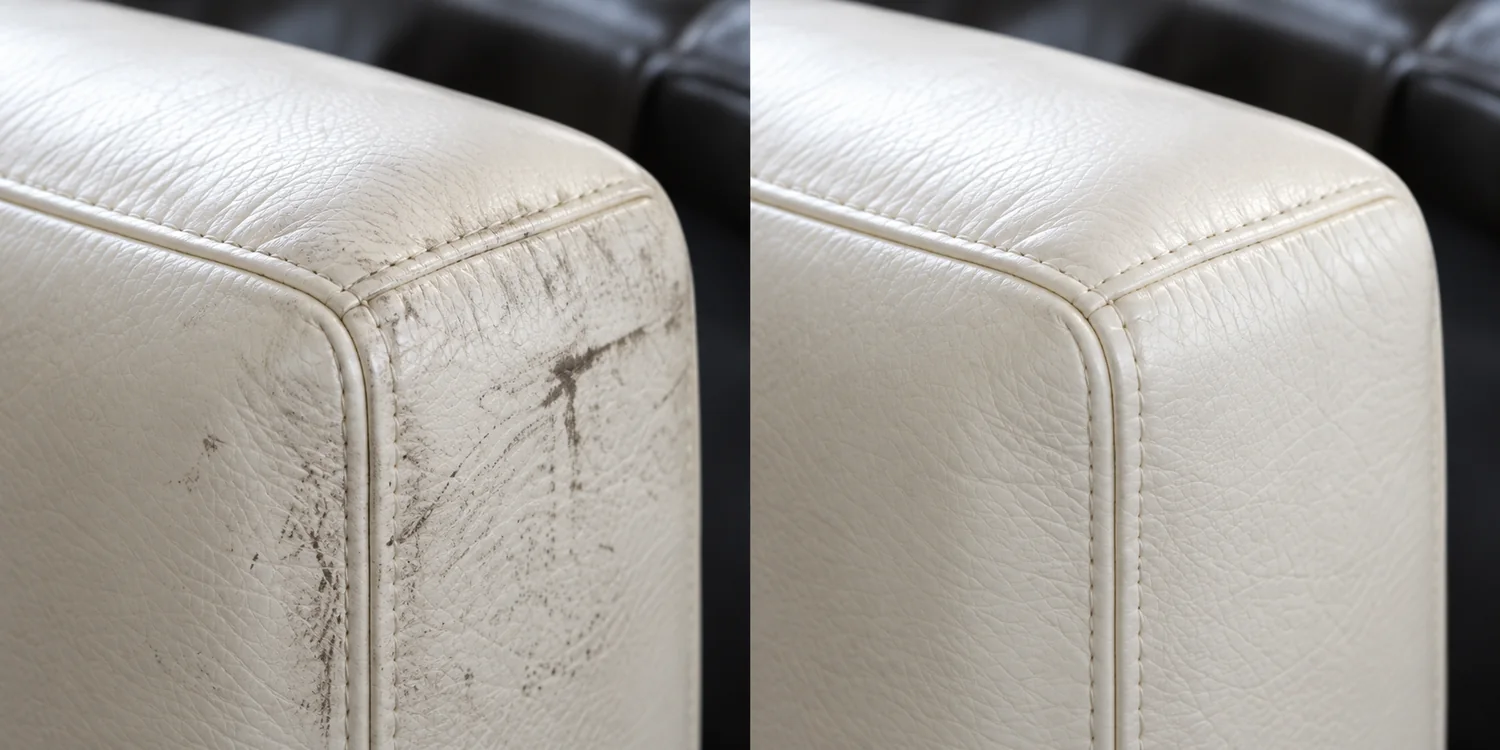 Before and after — a scuffed cream leather corner beside the same corner cleaned back