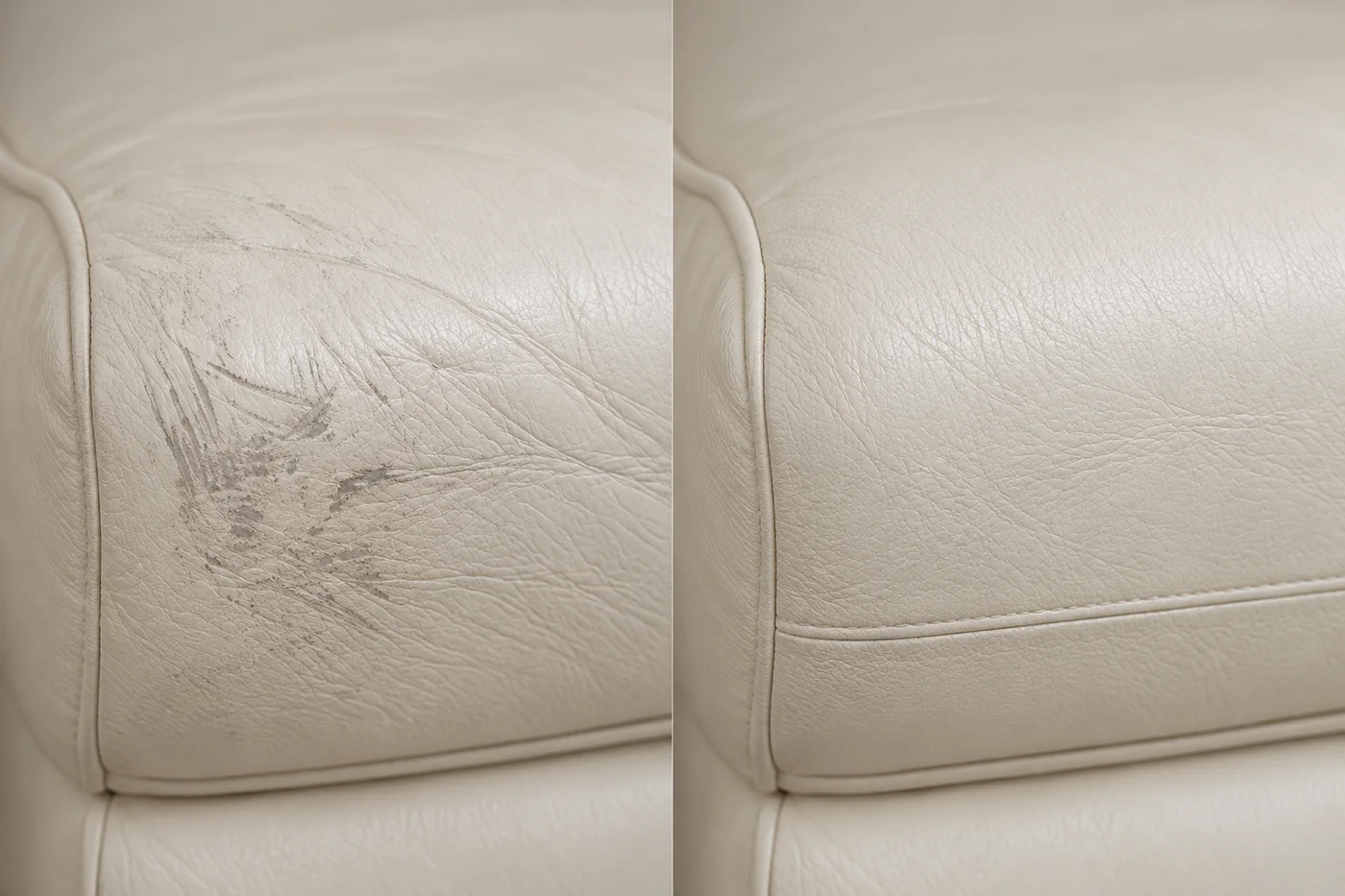 Crate & Barrel leather repair before and after — a heavily scuffed cream corner beside the same corner made good