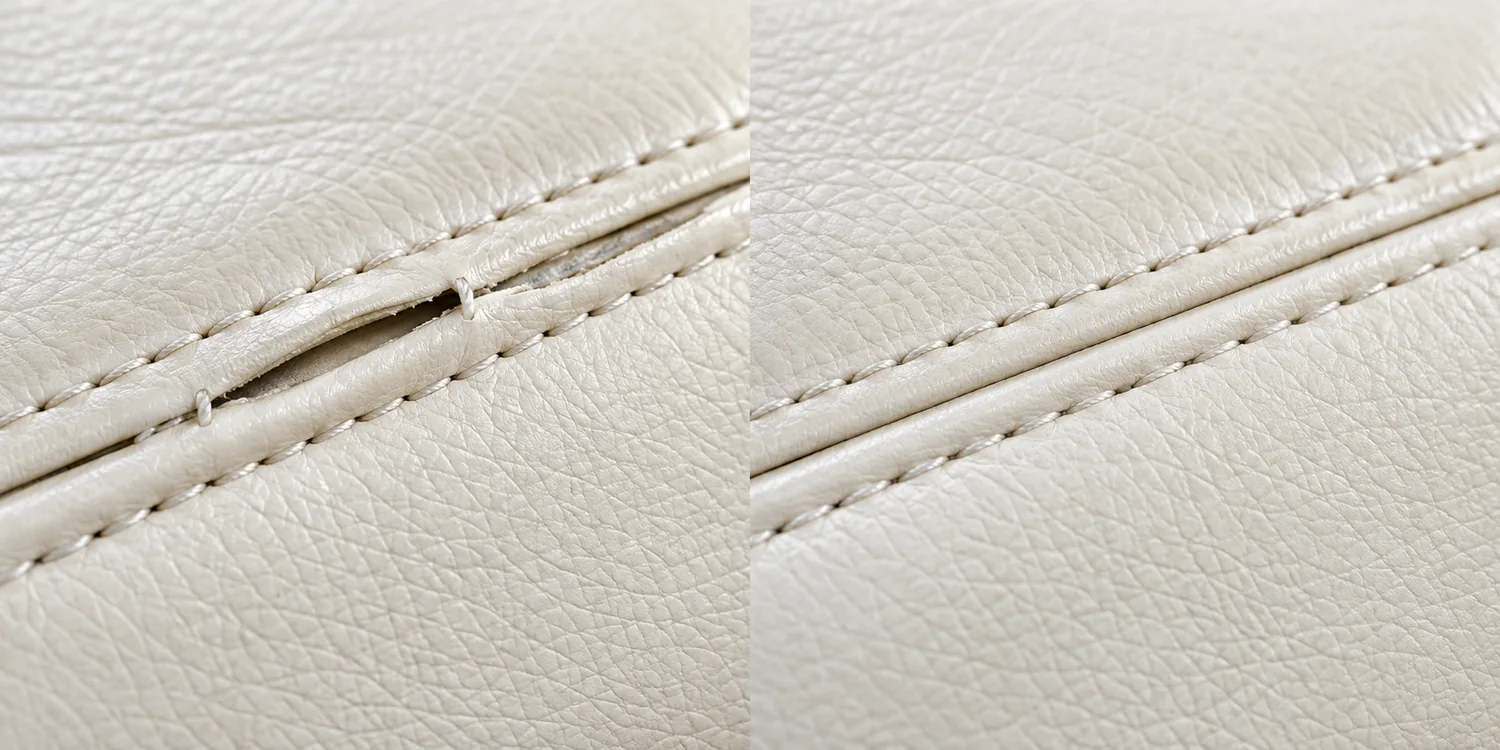 Before and after — a split seam on a cream cushion beside the same seam restitched