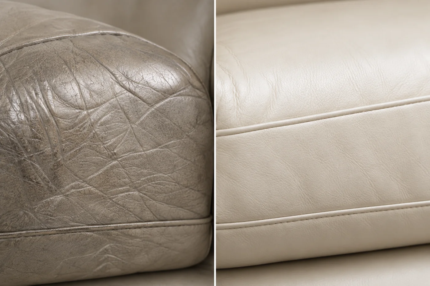Crate & Barrel leather repair before and after — a creased, soiled seat cushion beside the same cushion cleaned and recoloured