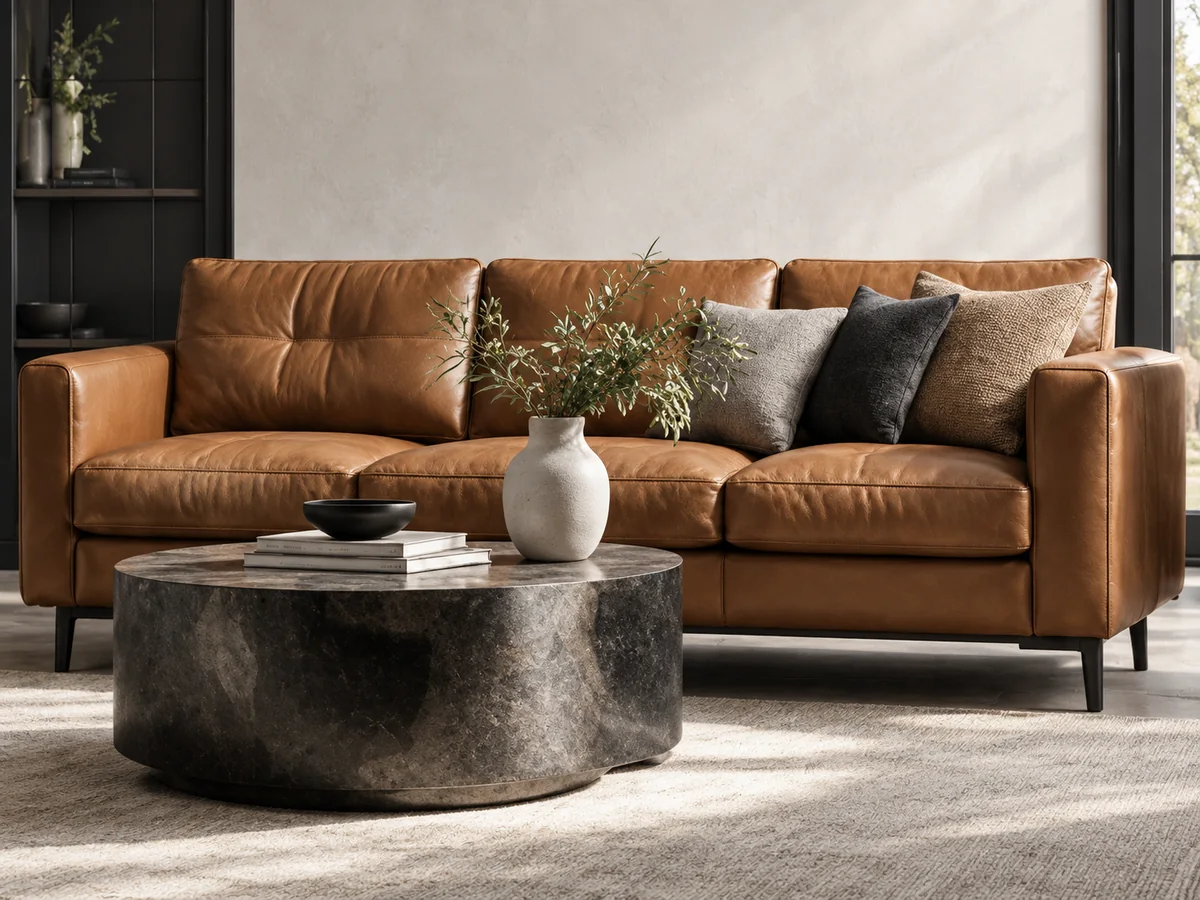 A tan leather sofa styled with a stone coffee table in a modern living room