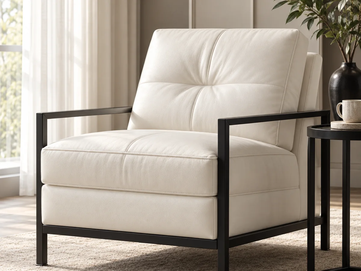 A white leather armchair on a black metal frame beside a side table