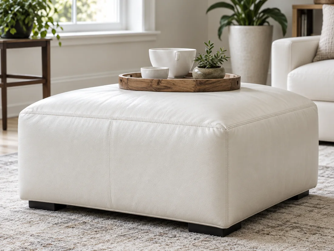 A square white leather ottoman with a serving tray on top