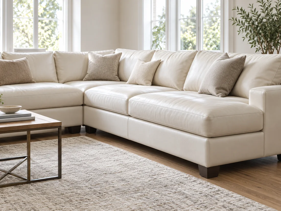 A cream leather sectional wrapping the corner of a bright living room