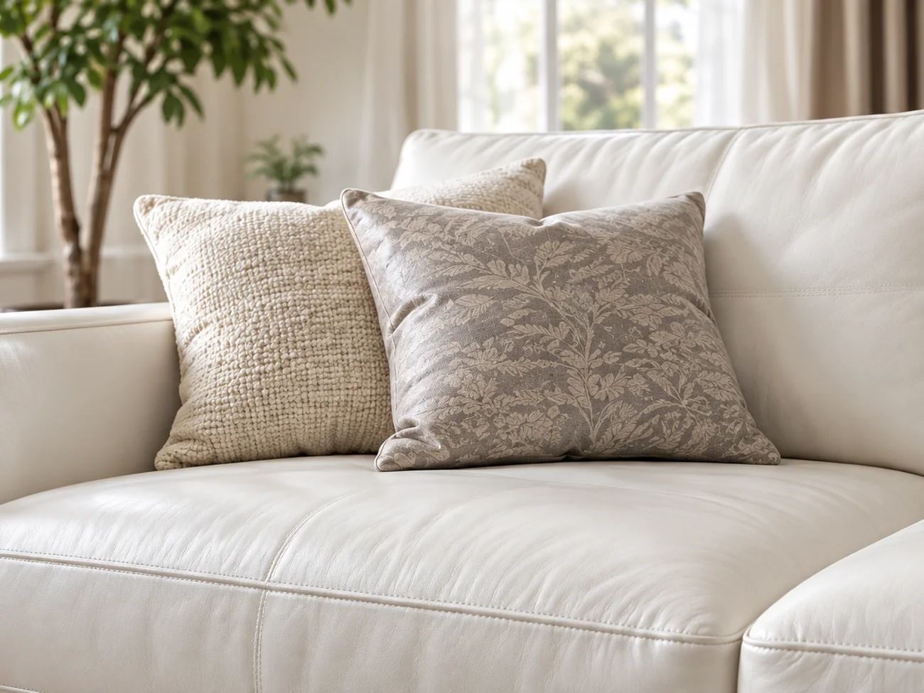 A white leather sofa in daylight beside a window