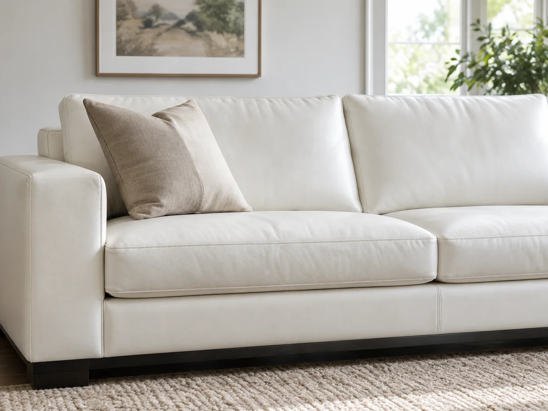 A white leather sofa with a linen cushion in a sunlit room