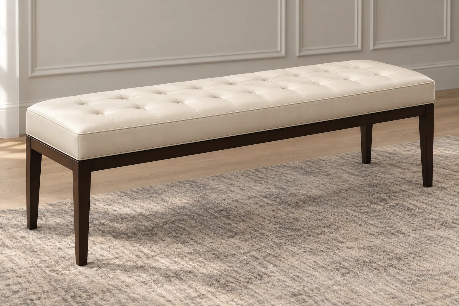 Cream button-tufted end-of-bed bench on dark tapered legs