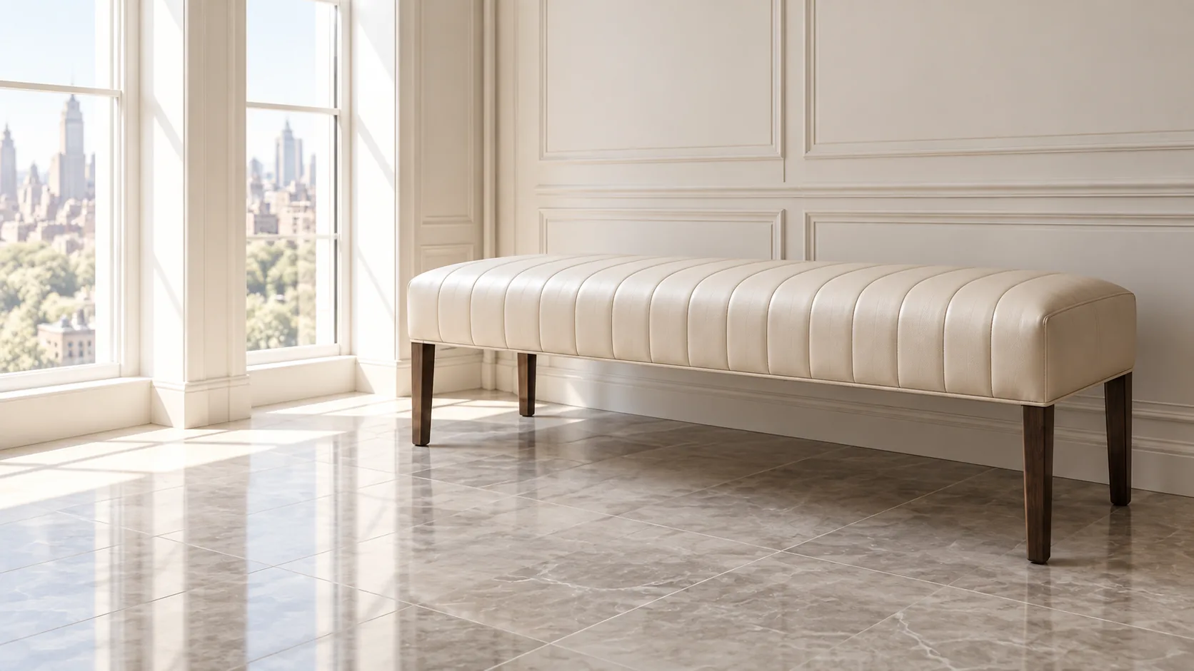 Cream channel-tufted bench on dark tapered legs in a bright panelled room