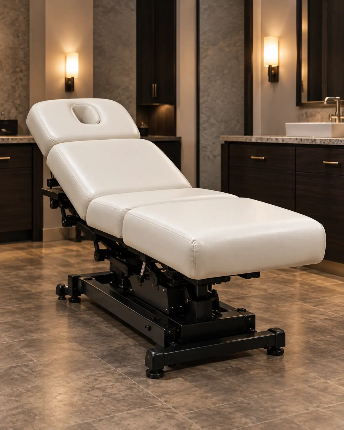 A cream esthetician bed with a face opening on an electric base
