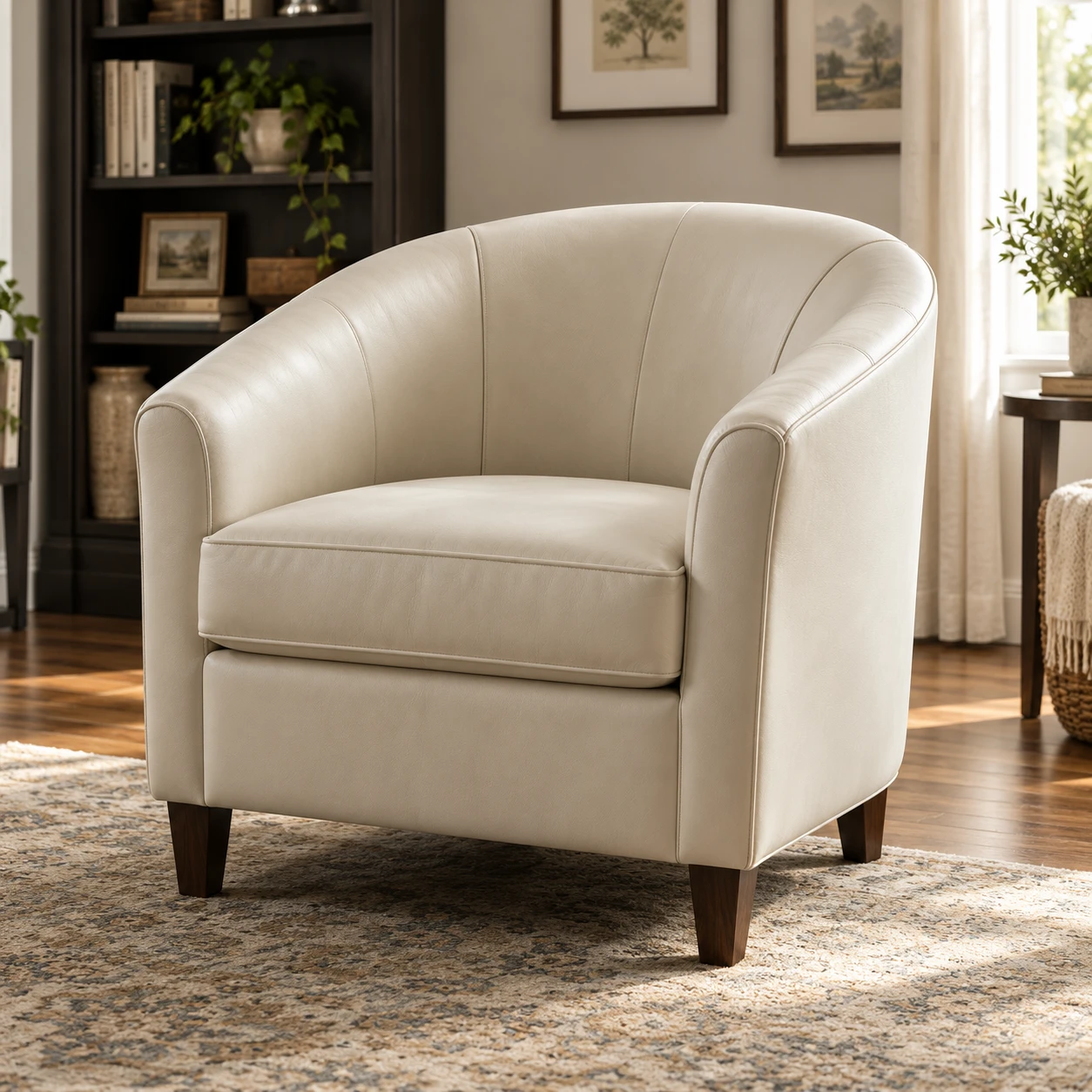 A cream leather barrel chair with a curved back and dark tapered legs