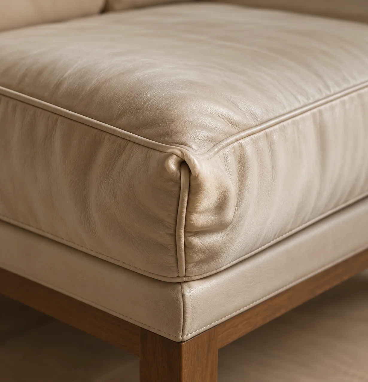 Cream bench corner panel sitting tight on a walnut frame