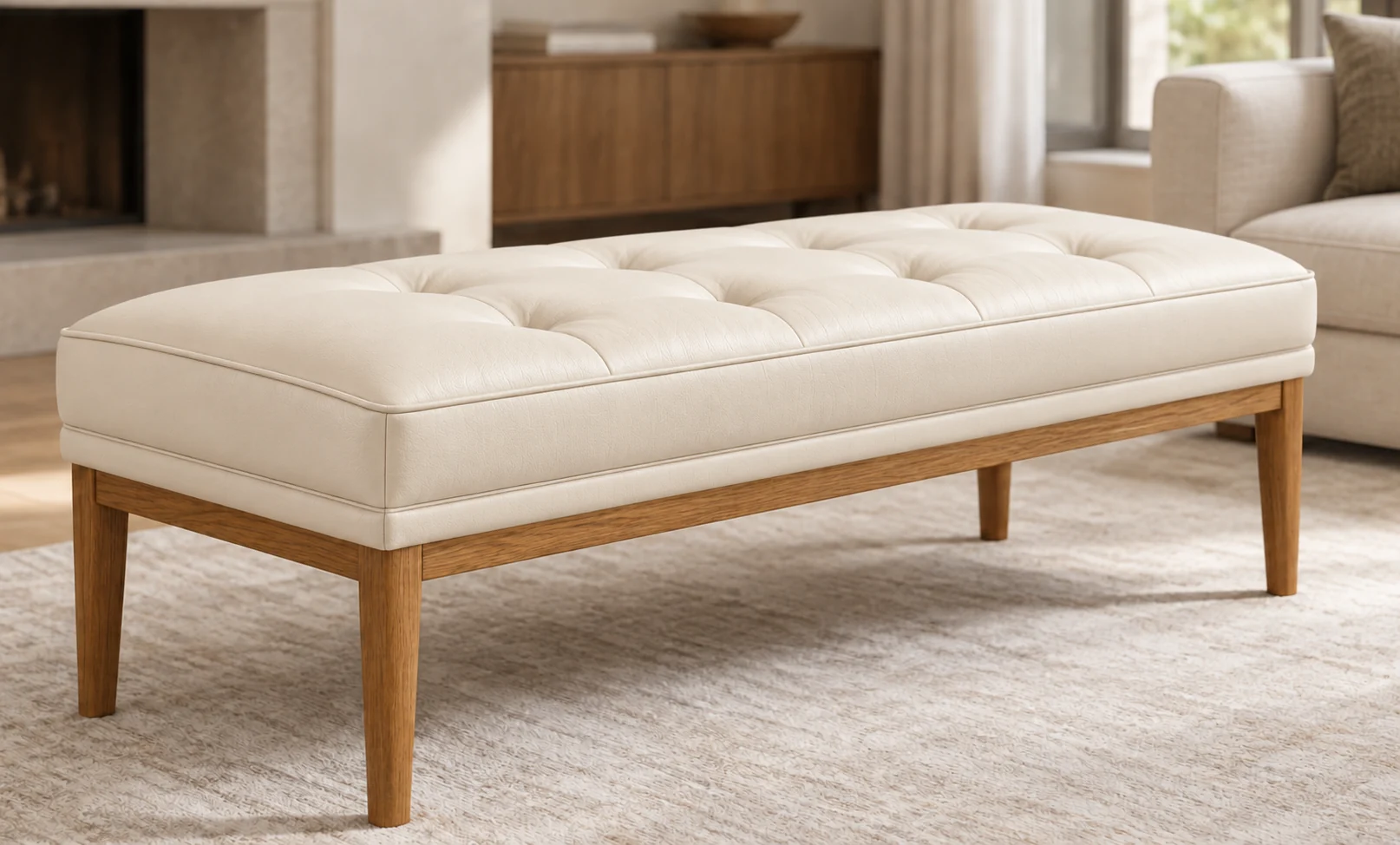 Cream buttoned bench on an oak frame in a guest room