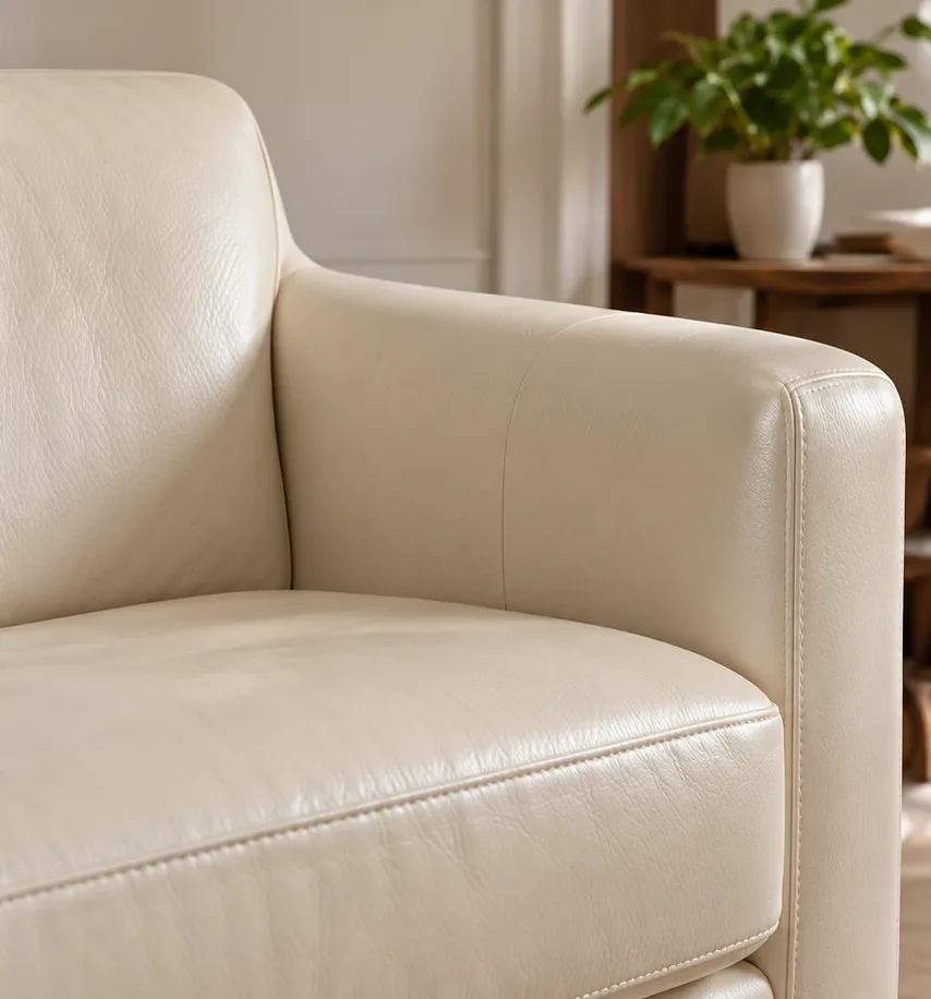 The same cream leather chair arm with a consistent finish after treatment