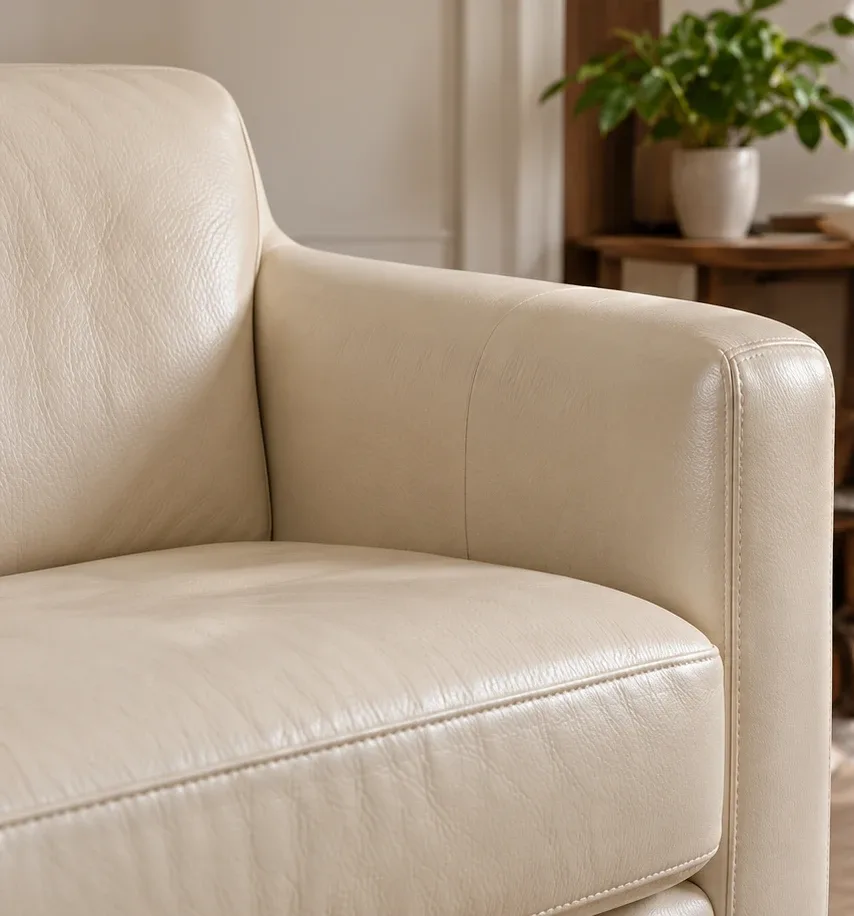 Cream leather chair arm looking flat and thirsty before treatment