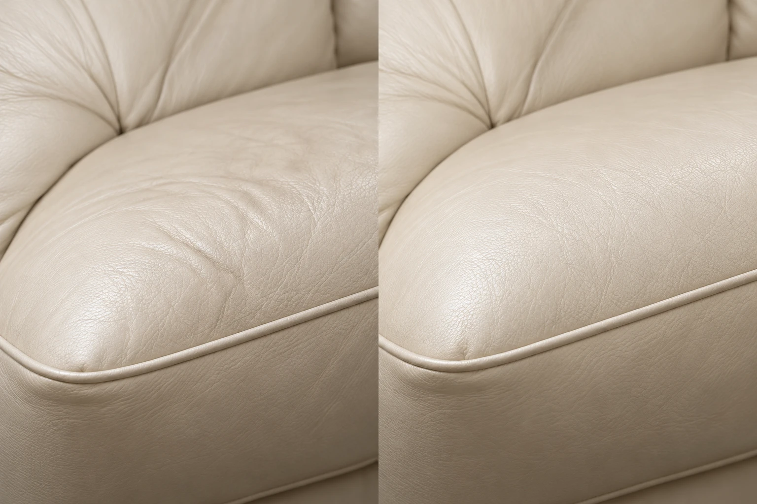 Cream leather seat cushion, wrinkled on the left, filled and even on the right